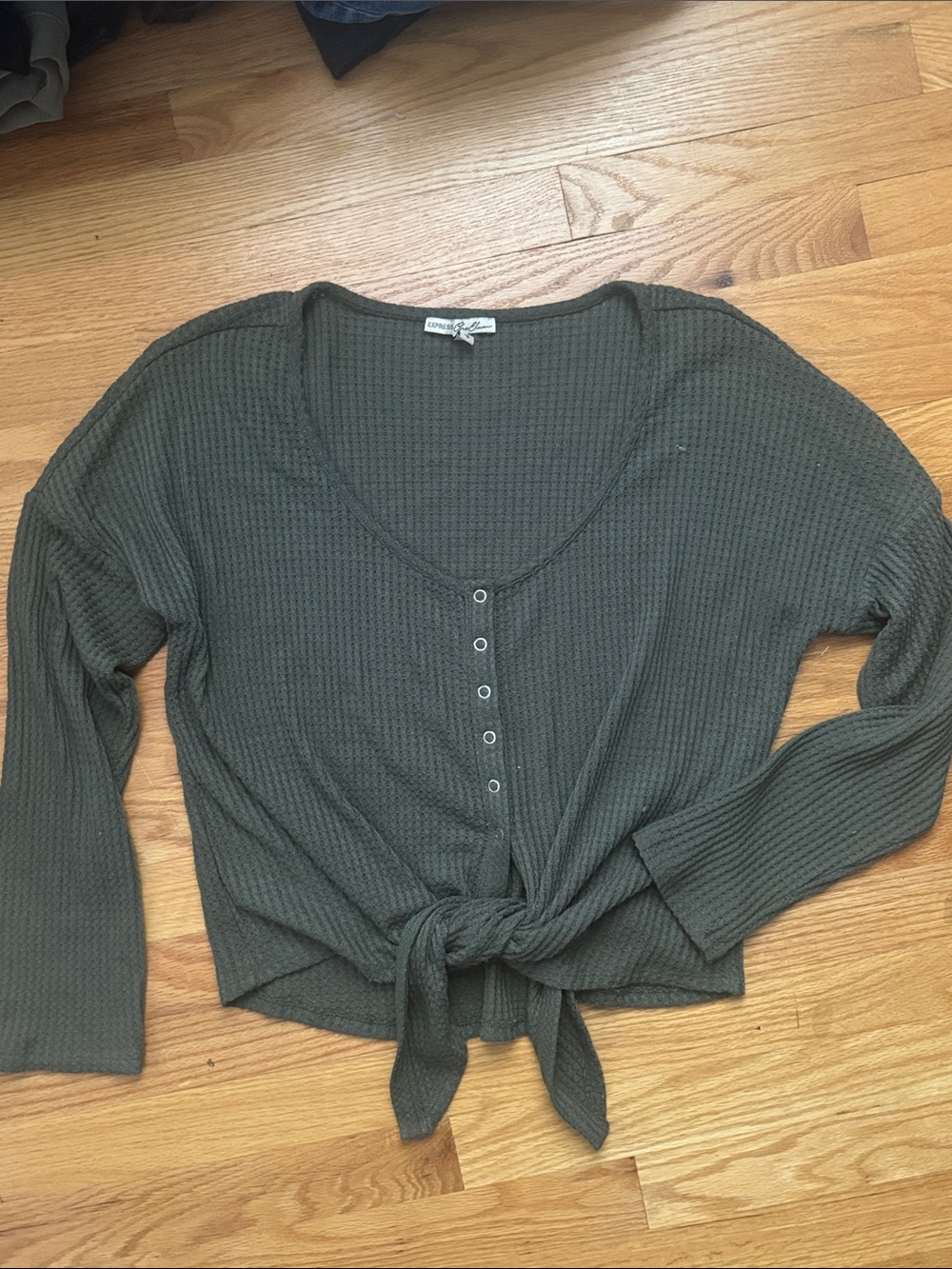 Express Olive Tie-Front Waffle Long Sleeve Top